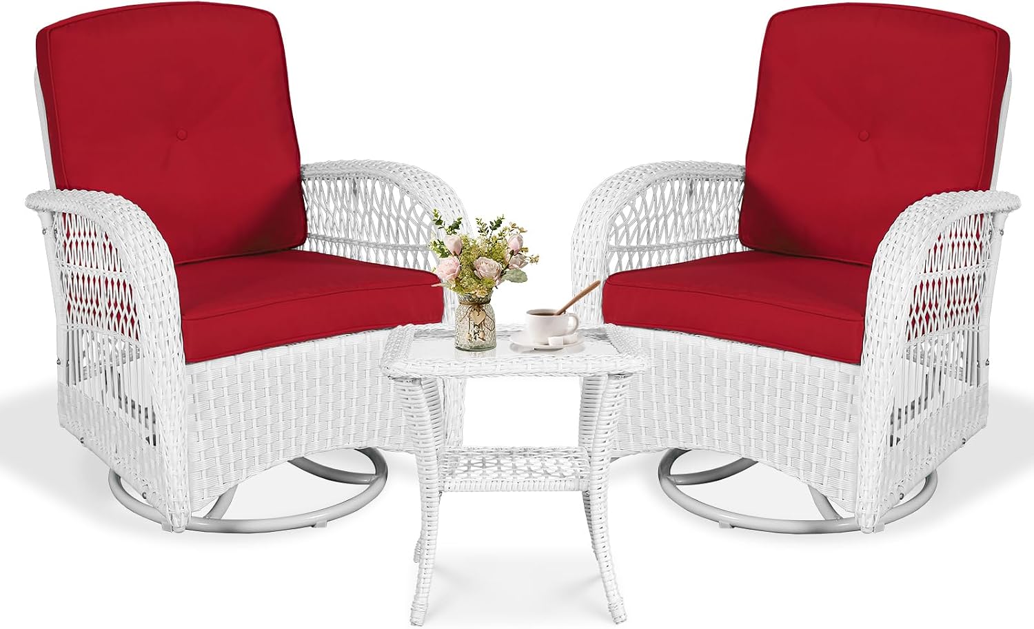 VIVIJASON 3-Piece Outdoor Conversation Bistro Set, Patio Swivel Glider Rocking Chairs Rattan Furniture Sets w/ 2 White Rattan Chairs, Glass Top Side Table for Porch Backyard, Red Cushions