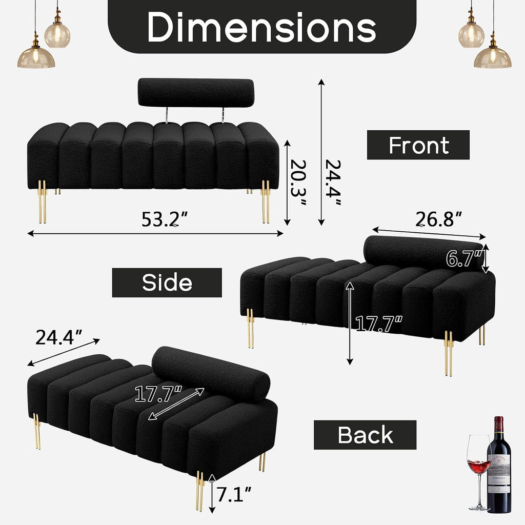 NIOIIKIT 53.2' Modern Loveseat Sofa Couch, Upholstered Accent Sofa with Golden Legs and Adjustable Backrest, Small Teddy Fleece Couches for Bedroom, Living Room, Compact Small Space (Black Teddy)