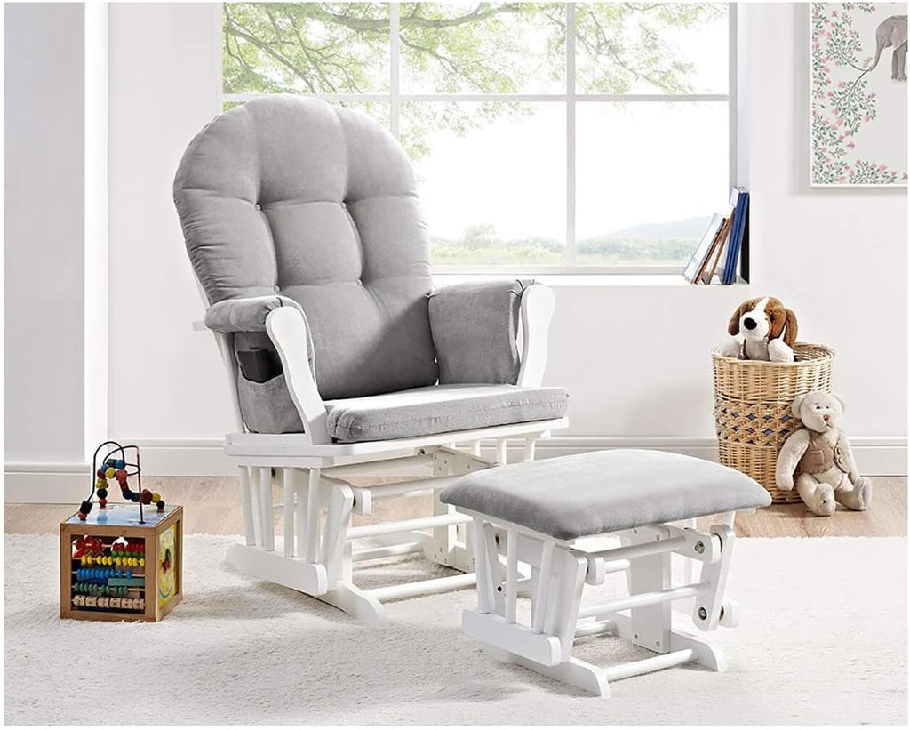 HomeStock Glider and Ottoman Set - Padded Arms, Storage Pockets, Metal Bearings White and Gray