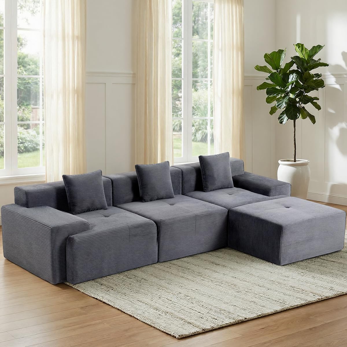 119'' Modular L-Shaped Boneless Sectional, Corduroy Deep Seat Cloud Sectional Couch, Small Space Sofa for Apartment Living Room Bedroom, No Assembly, Grey