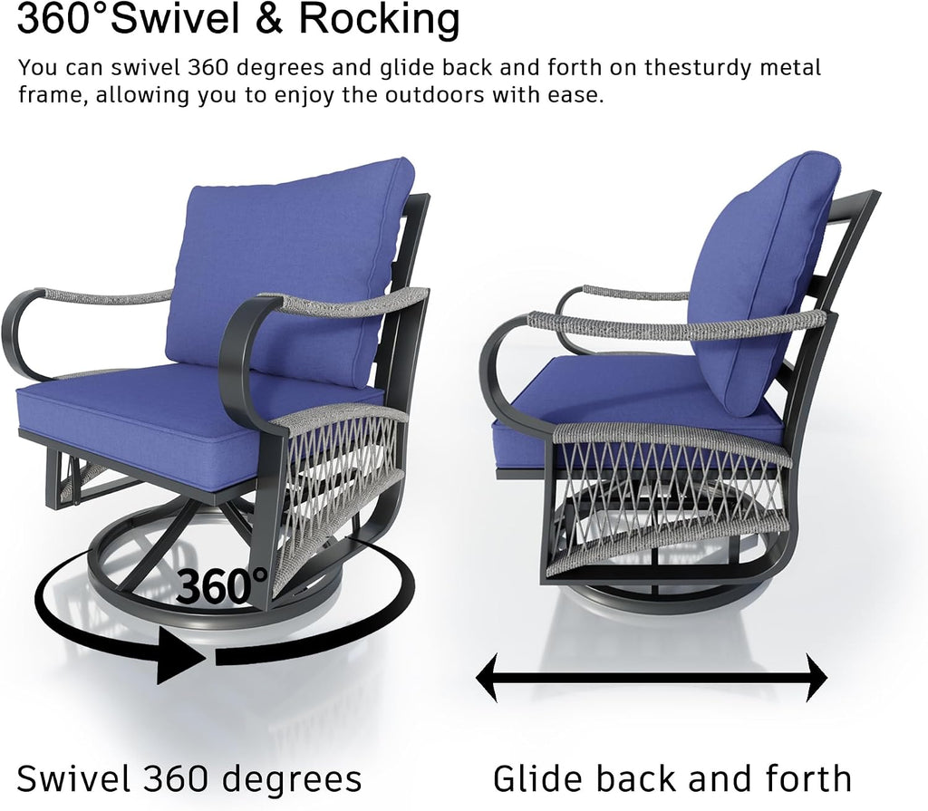 3 Pieces Glider Rocking Chairs, Outdoor Swivel Rocker Chairs with Blue Padded Cushions, Patio Bistro Furniture Set with Side Table for Porch Balcony Backyard Deck Poolside, Blue