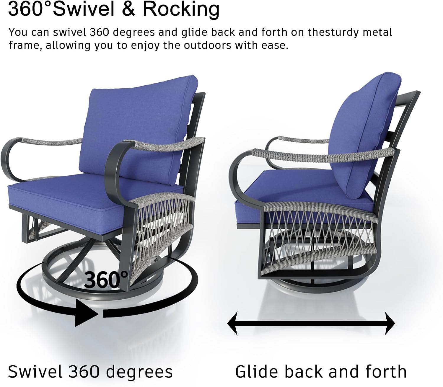 3 Pieces Glider Rocking Chairs, Outdoor Swivel Rocker Chairs with Blue Padded Cushions, Patio Bistro Furniture Set with Side Table for Porch Balcony Backyard Deck Poolside, Blue