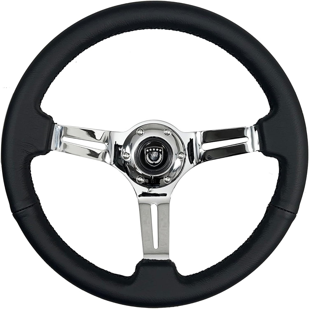 VSW S6 Steering Wheel, Black Leather 6 Bolt Chrome Slotted 3-Spoke ST3012BLK