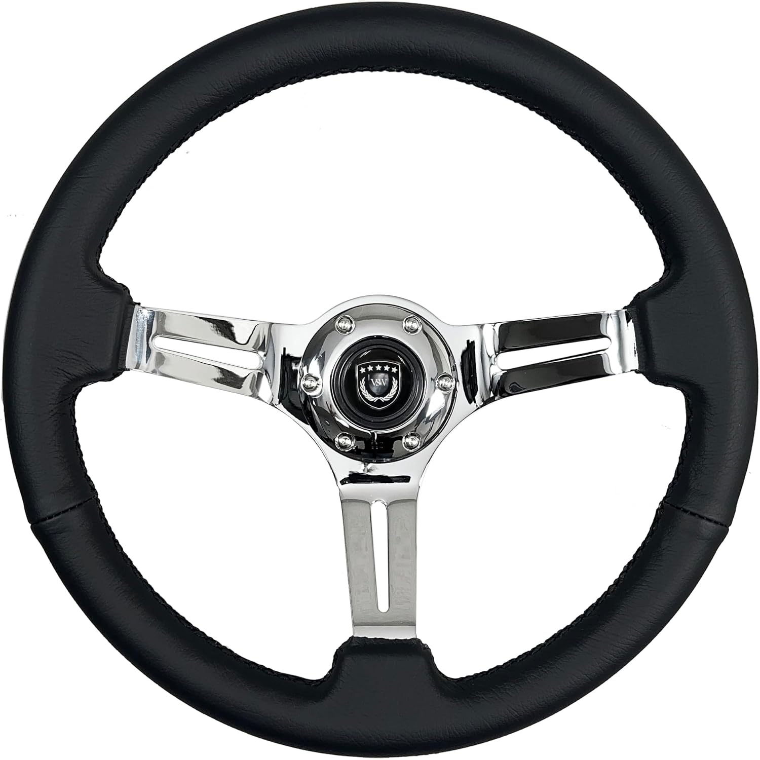 VSW S6 Steering Wheel, Black Leather 6 Bolt Chrome Slotted 3-Spoke ST3012BLK