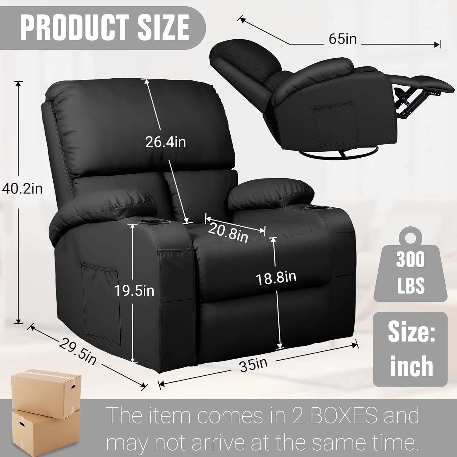 LEVELEVE Rocking Recliner Chair, Massage Rocker Recliner Chair with Vibration Massage and Heat, USB and Type-C Ports,360° Swivel Faux Leather Chairs, Living Room, Bedroom, Nursery, RV, Black