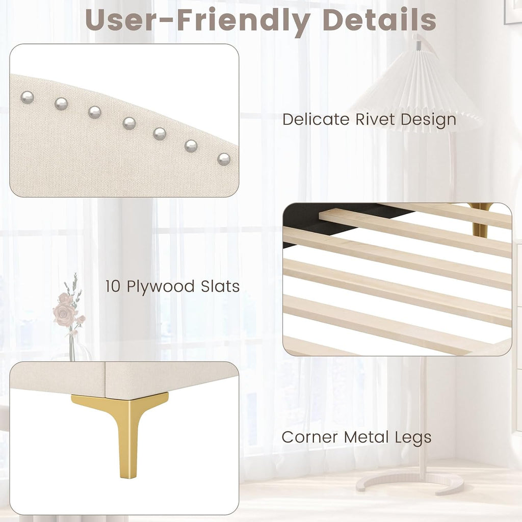 Giantex Twin Size Upholstered Daybed, Rivet-Tufted Platform Bed with Headboard, Metal Legs & Wood Slats, L-Shaped Corner Sofa Bed for Living Room & Guest Room, No Box Spring Needed, Beige
