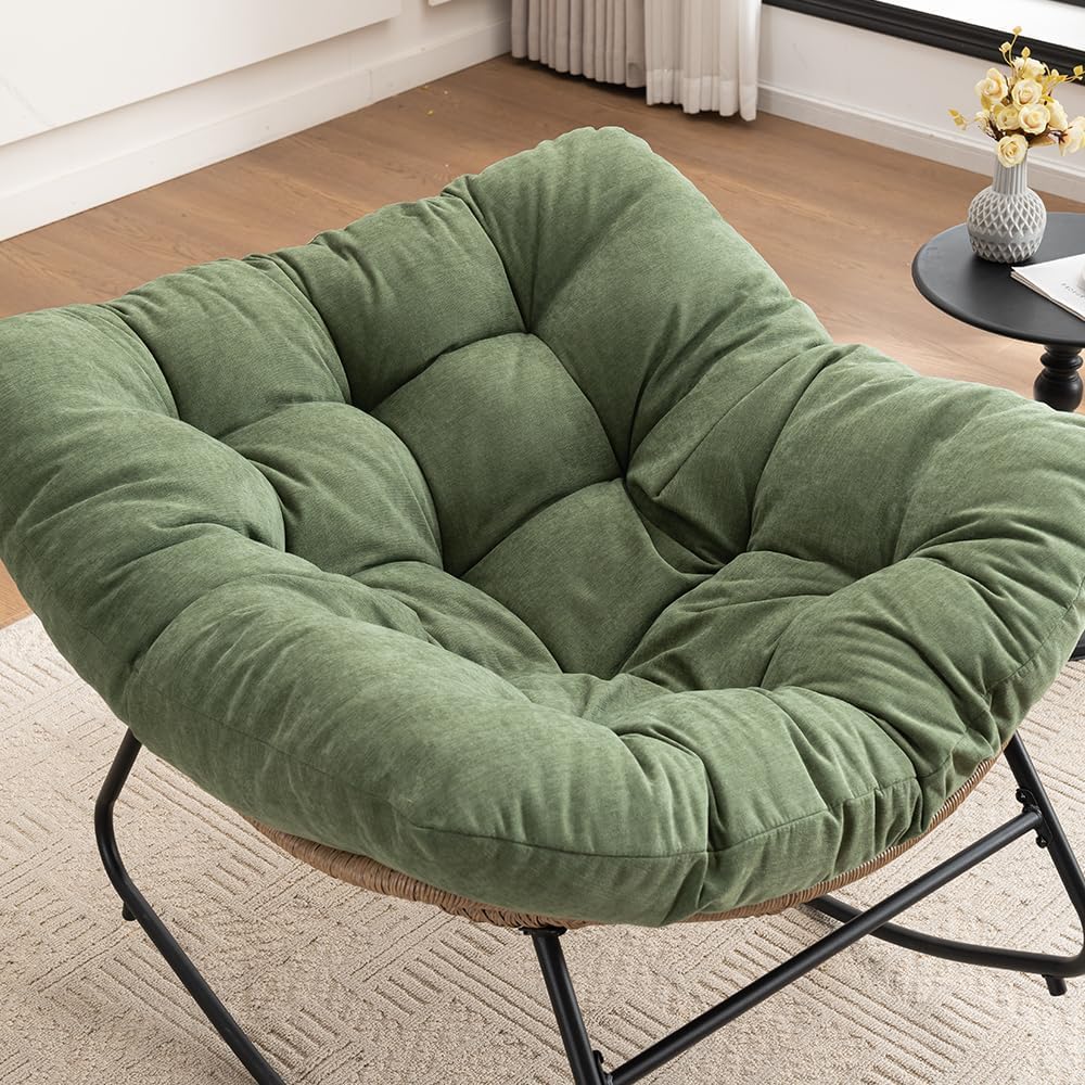 Outdoor Papasan Chair, Oversized Rocking Chair with Cushion and Metal Frame, Patio Lounge Rocking Chair for Balcony Backyard Porch Bedroom Living Room (Green)