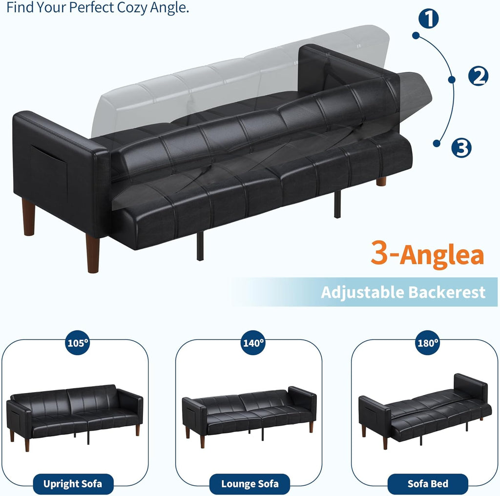 GarveeHome Futon Sofa Bed, 75-Inch Modern Faux Leather Convertible Couch, Mid-Century Loveseat for Small Space, Living Room, Bedroom, Black