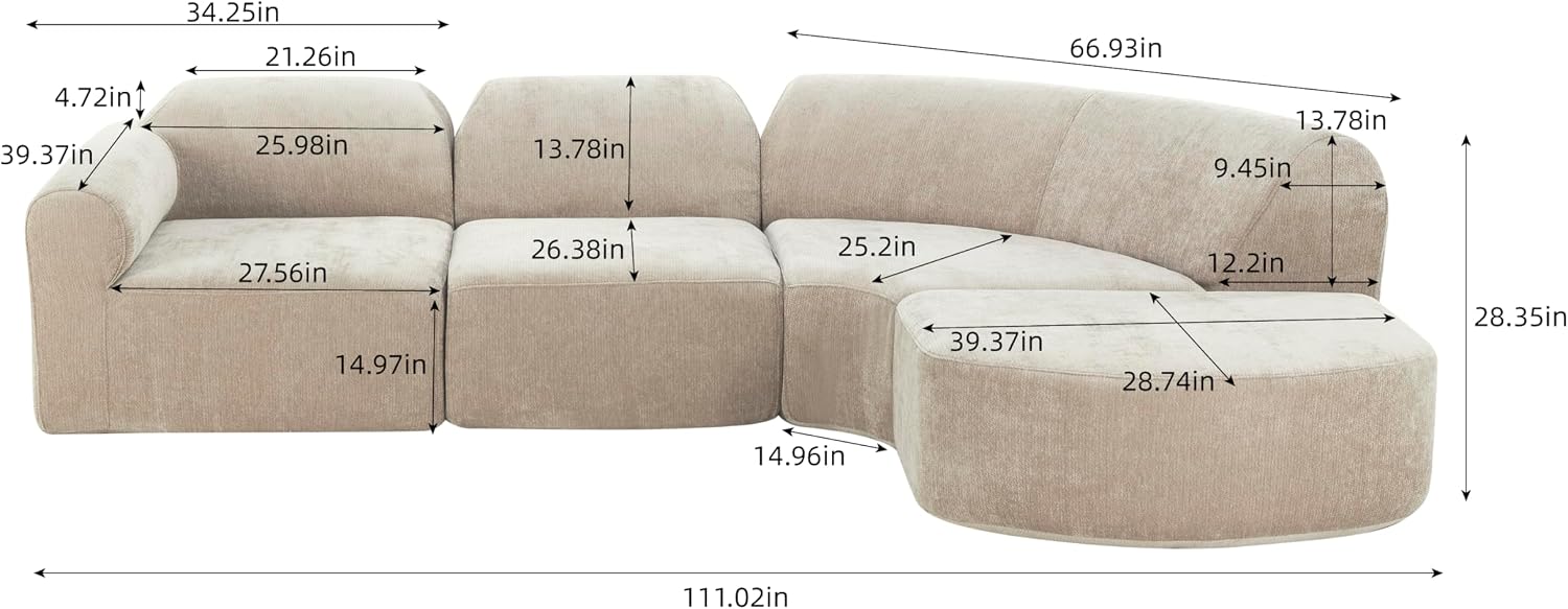 Merax Modern Curved Sectional Sofa with Ottoman, Couch 4-Piece Set High-Density Compressed Sponge, Fully Assembled, Right Hand Facing, Plush Deep Seat for Living Room, Lounge, Apartment, Espresso