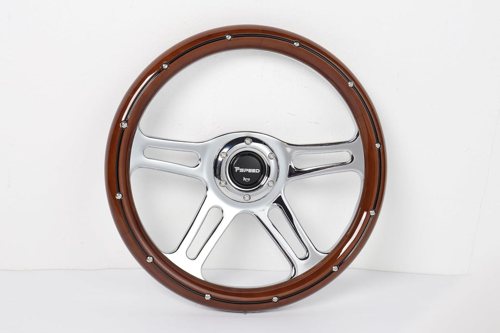 14 inch Mahogany Solid Wood Steering Wheel 6 Bolt 4 Spoke Chrome Aluminum | Vintage Real Wood Grain Steering Wheel with Horn Button for Vintage Car for Racing for Classic Car boat steering wheel