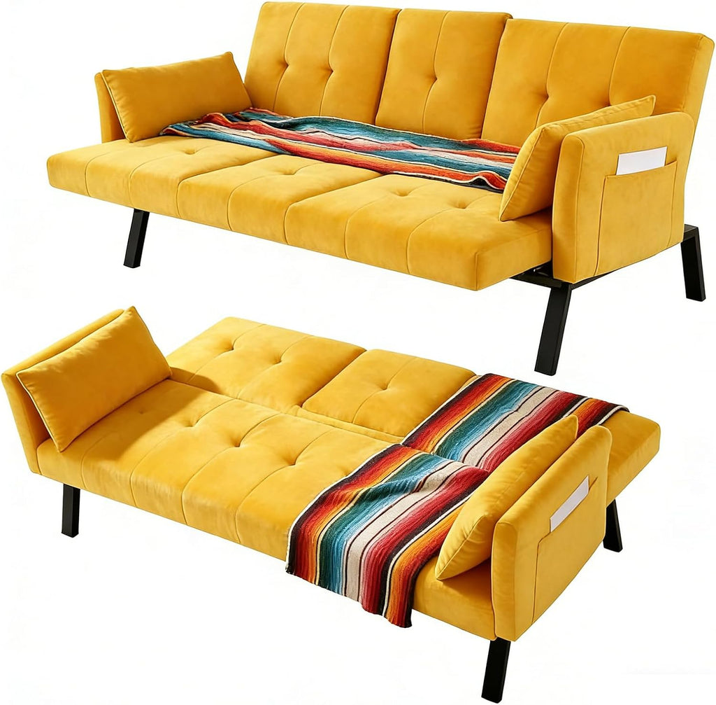 70' Futon Sofa with Cupholders,Adjustable Backrest Cotton Linen with Cup Holders and 2 Throw Pillows Sleeper Sofa for Living Room Apartment Small Space (Pumpkin Yellow)
