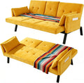70' Futon Sofa with Cupholders,Adjustable Backrest Cotton Linen with Cup Holders and 2 Throw Pillows Sleeper Sofa for Living Room Apartment Small Space (Pumpkin Yellow)