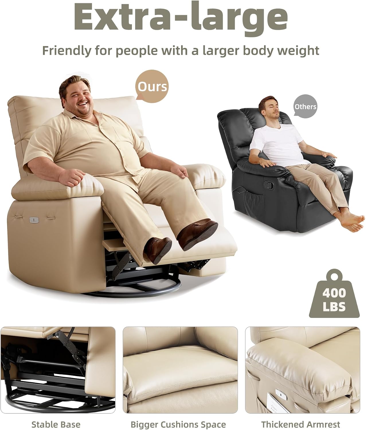 IDEALHOUSE Oversized Recliner Chair, Faux PU Leather Manual Recliner for Adults, Lazy Chair with 1.5X Sponge Filling and Side Pocket, Sofa Chair for Living Room, Bedroom, Nursery