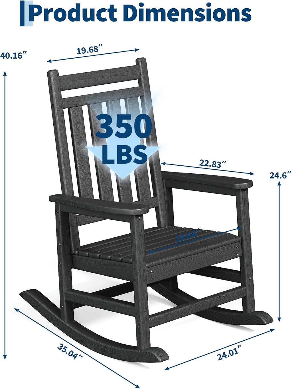 Garvee HDPE Rocking Chair Outdoor Set of 2 - Poly High Back Porch Rocker Chairs for Adults - All Weather Resistant Furniture for Patio Front Porch - Black