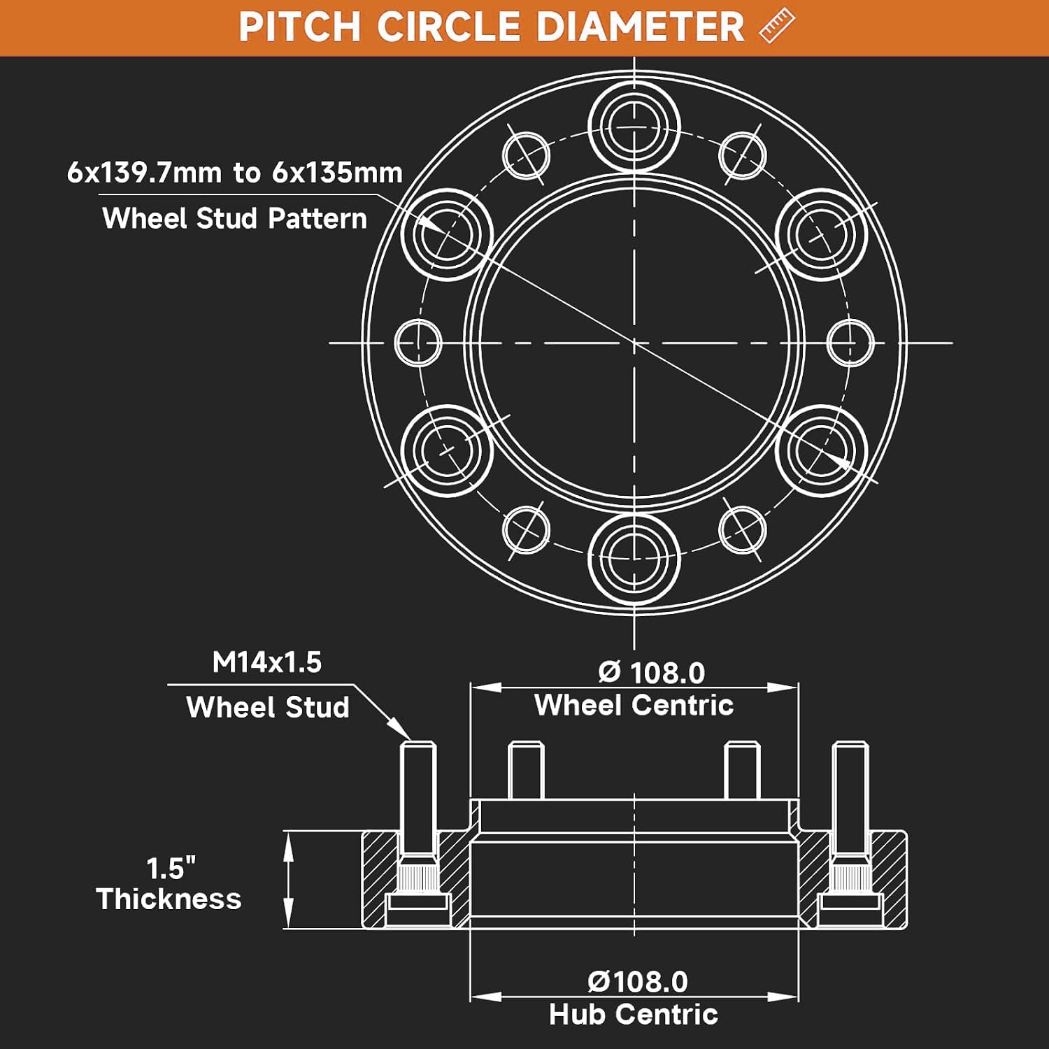 1.5 Inch 6x139.7mm to 6x135mm Wheel Adapters, 4PC Lug Centric Wheel Adapters with M14x1.5 Studs 108mm Hub Bore,4PC Adapters Compatible with Silverado 1500, Sierra 1500, Tahoe