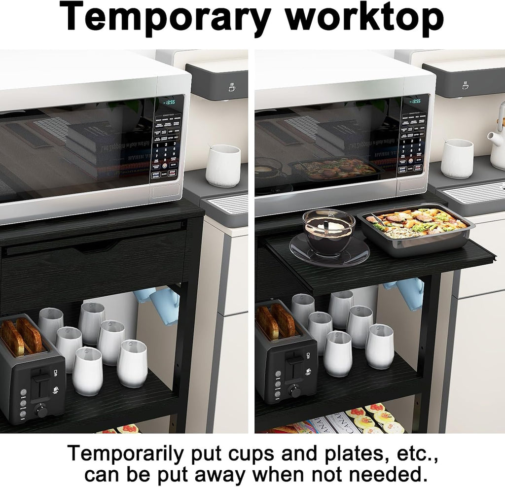 PUNCIA Coffee Bar Cabinet with Mini Fridge Space, Mini Fridge Stand with Power Outlet and Drawer, Wine Refrigerator Stand with Work Platform, Microwave Oven Rack for Dorm, Home Kitchen, Black