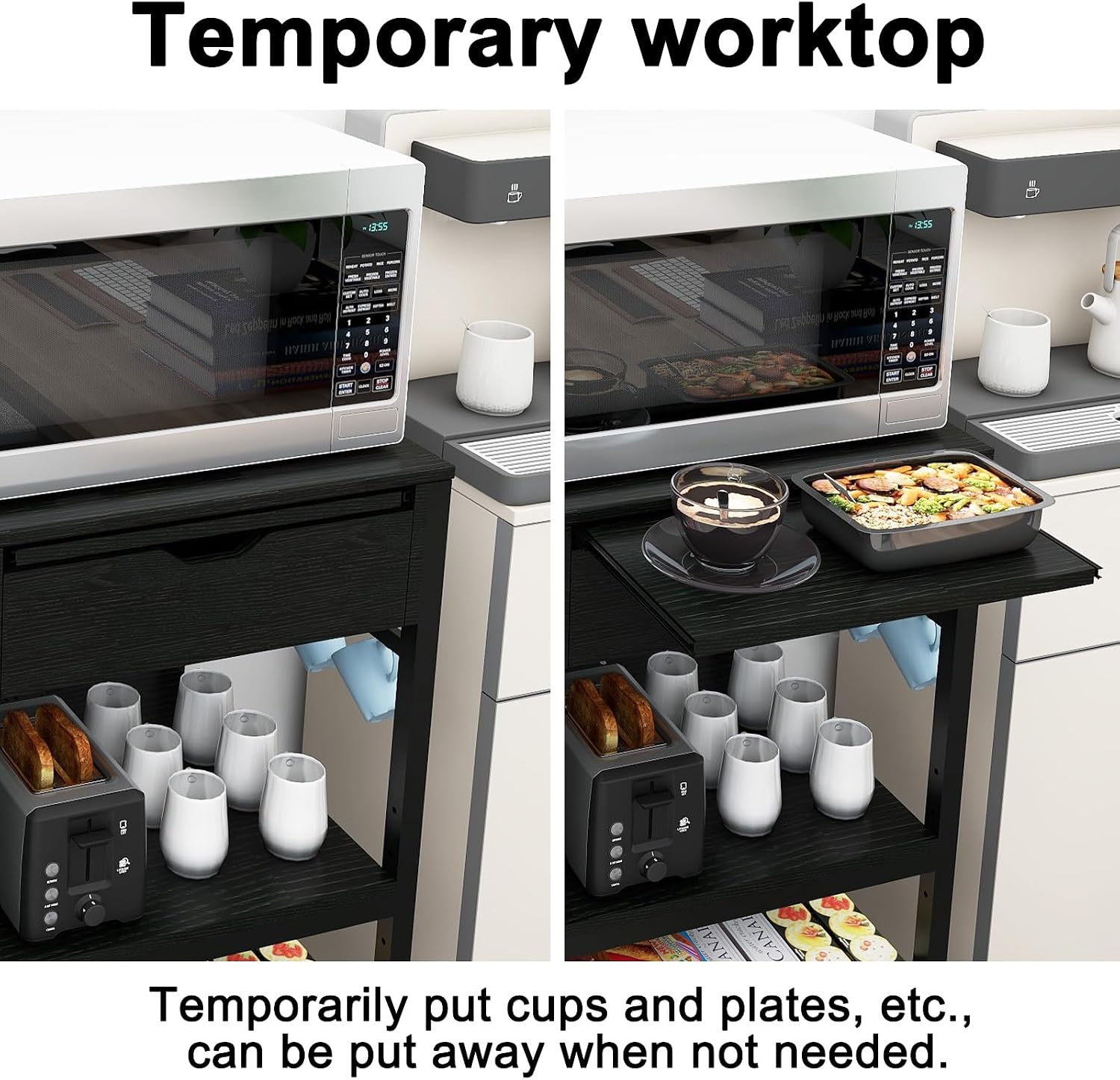 PUNCIA Coffee Bar Cabinet with Mini Fridge Space, Mini Fridge Stand with Power Outlet and Drawer, Wine Refrigerator Stand with Work Platform, Microwave Oven Rack for Dorm, Home Kitchen, Black