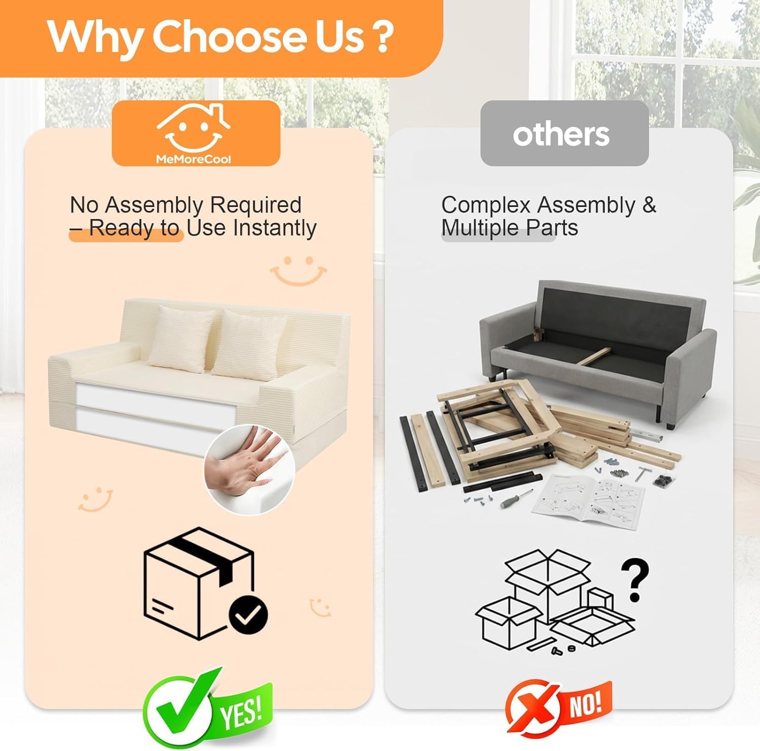 MeMoreCool Boneless Folding Queen Sofa Bed – Corduroy Convertible Futon Sleeper Couch with Foam Core & Pillow, Washable Cover, Space-Saving Floor Sofa for Living Room, Guest Bedroom, Apartment