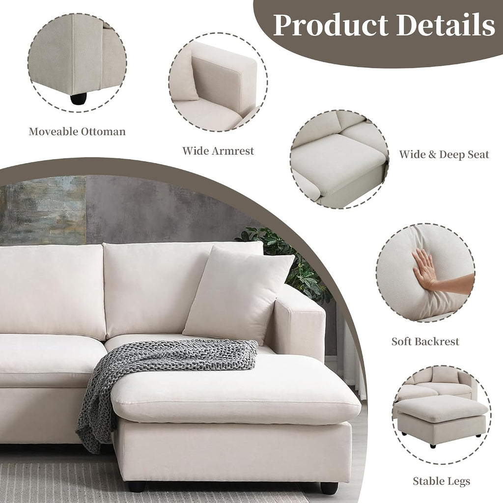 Tmsan 100.4' Beige Cloud Couches for Home Living Room Sofa Set, Modern L Shaped Sectional Couch with Convertible Ottoman, 4 Seater Comfy Polyester Fabric Modular Sofa for Apartment Bedroom Office