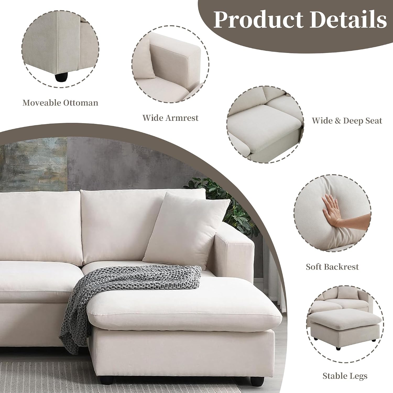 Tmsan 100.4' Beige Cloud Couches for Home Living Room Sofa Set, Modern L Shaped Sectional Couch with Convertible Ottoman, 4 Seater Comfy Polyester Fabric Modular Sofa for Apartment Bedroom Office