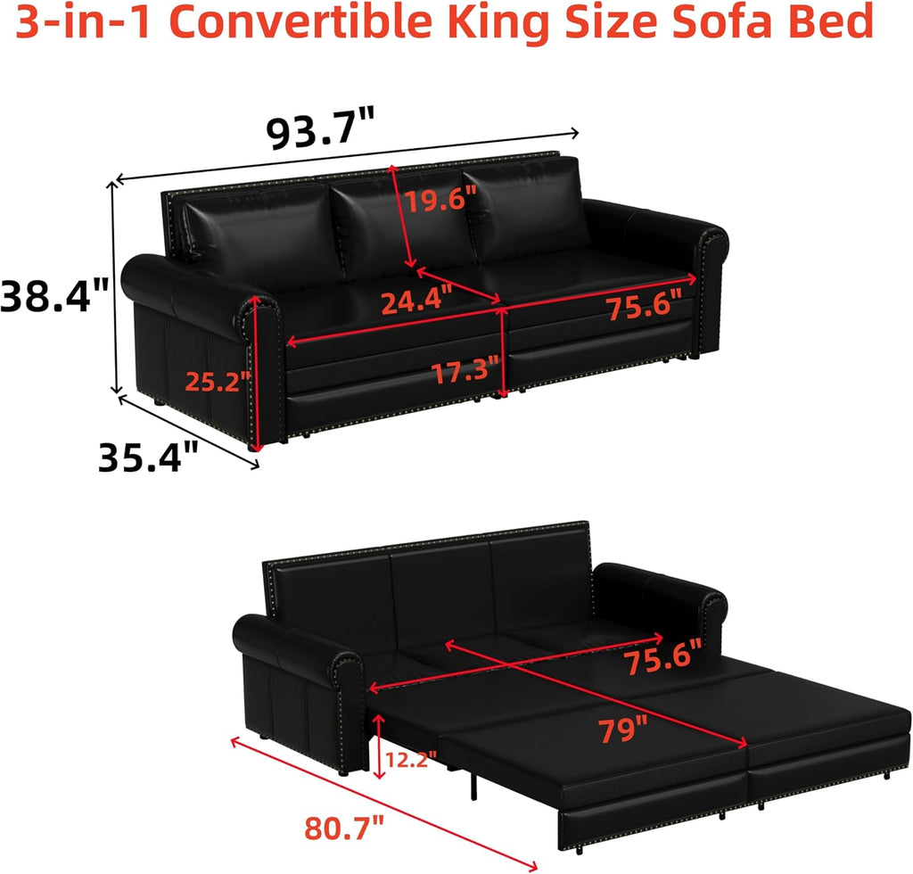 Eafurn 93.7' King Size Pull Out Sofa Bed, 3-in-1 Convertible Sleeper Sofa Couch Bed with Nailhead Decor and Rolled Arms, Faux Leather Oversized Chesterfield Loveseat Chaise Lounge