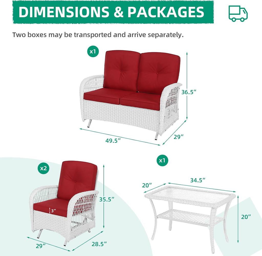 VIVIJASON 4-Piece Outdoor Patio White Wicker Conversation Sets, All Weather Rattan Furniture Set Includes Glider Loveseat, Coffee Table, 2 Glider Rocker Chairs w/Cushion for Lawn Balcony, Red