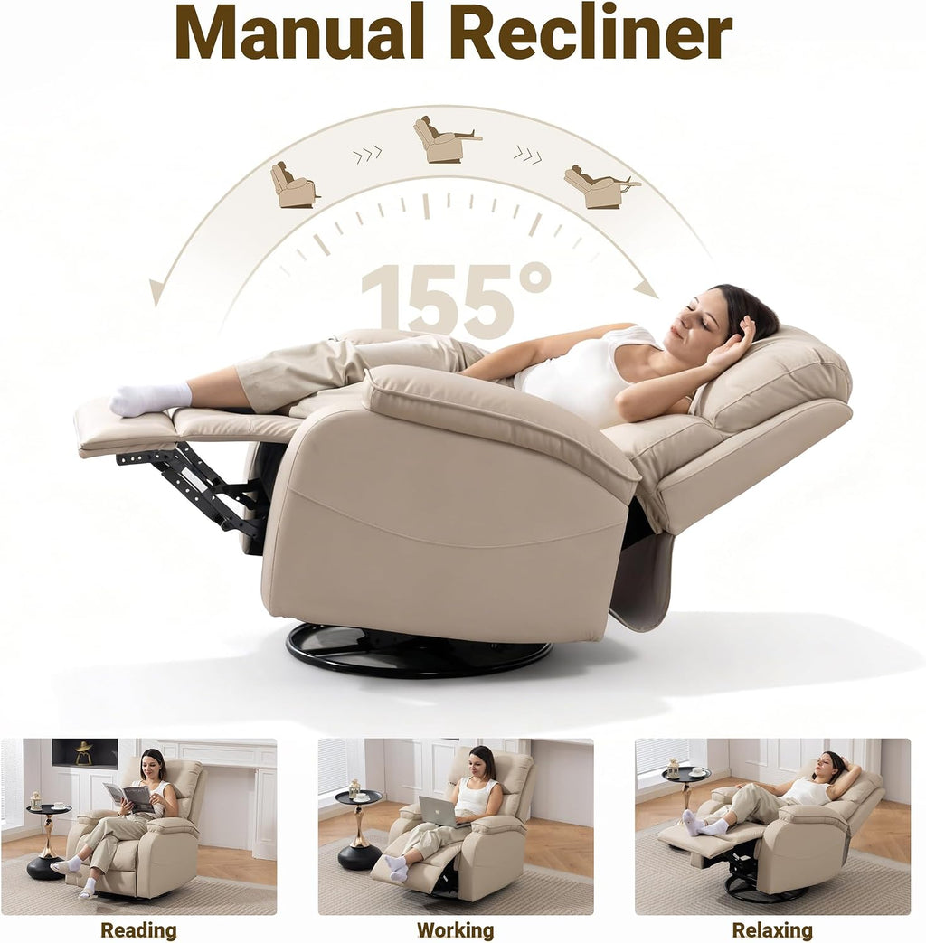 360° Swivel Rocking Recliner Chair, Massage Lazy Boy Recliner, Small Spaces Recliner for Living Room, Bedroom and Nursery, Beige Leather
