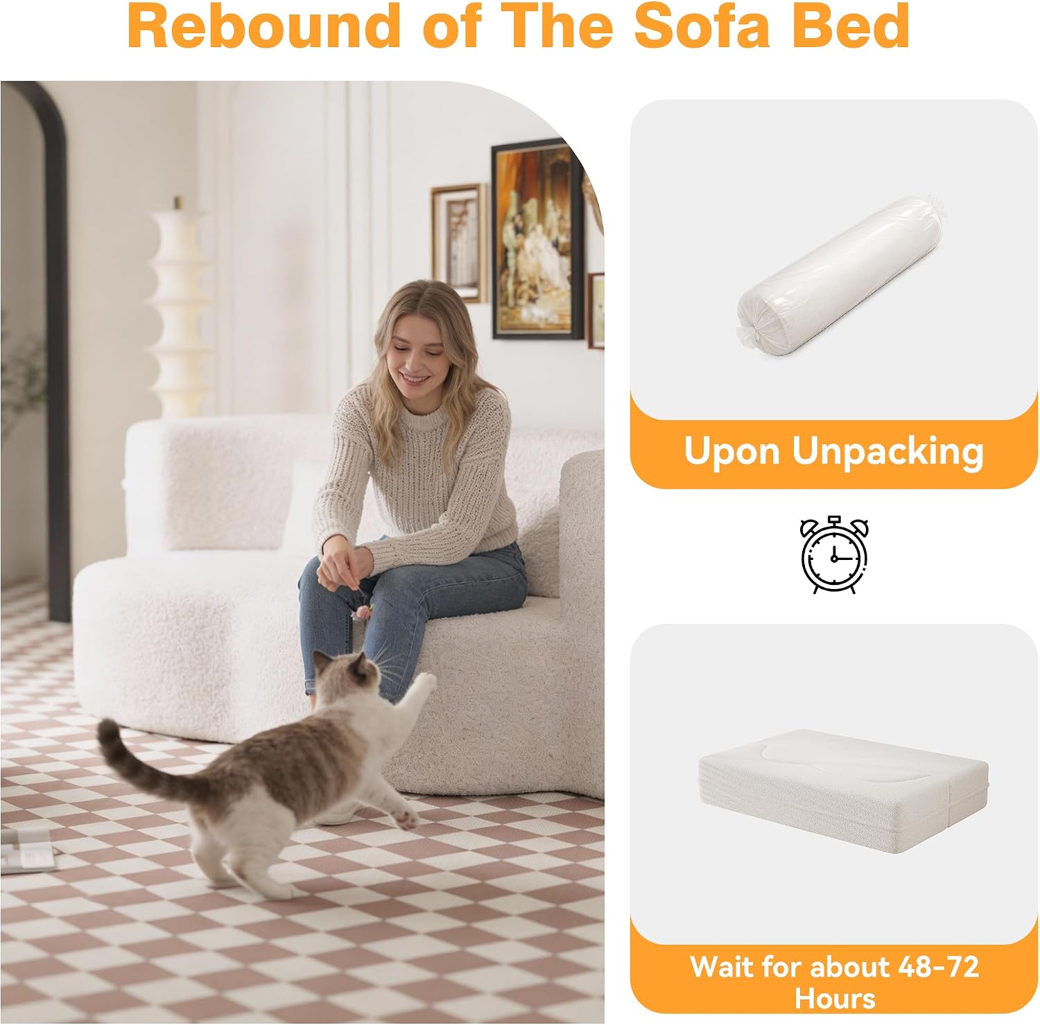 78' Twin Size Convertible Folding Sleeper Sofa Bed, Modern Teddy Fabric Futon Sofa Bed with Pillow, Foam Mattress Loveseat Cloud Couch, No Assembly Floor Couches for Living Room, Apartment, Beige