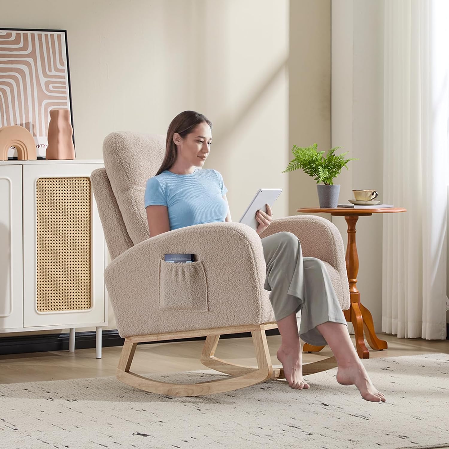 KEIKI Upholstered Rocking Armchair for Bedroom or Apartment, Soft Cushioned Nursery Glider with Wood Legs, High Back Support and Side Pocket for Everyday Comfort