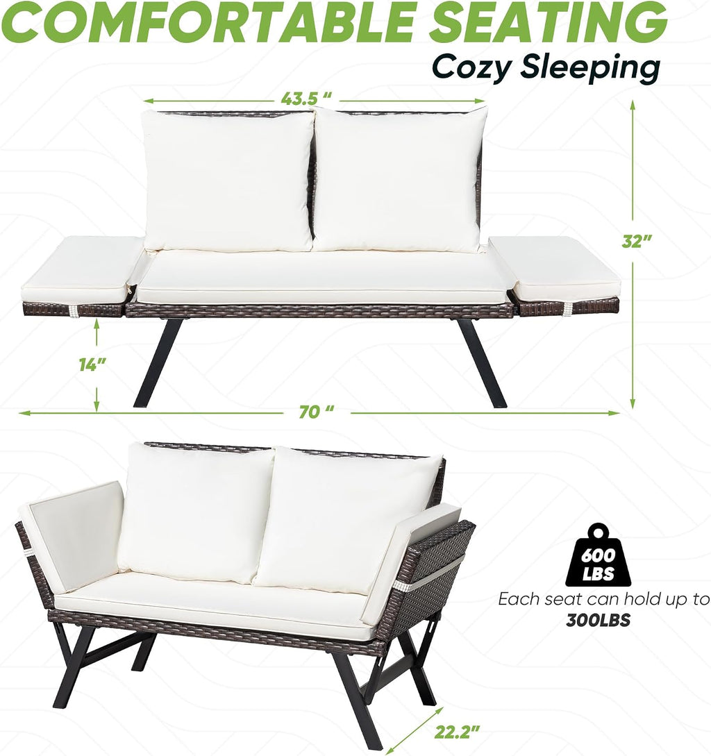 Greesum Outdoor Sofa, Woven Rattan Patio Furniture, Convertible Daybed or Double Chair with Adjustable Armrests, Cushions and Pillows for Yard, Porch, Pool, Brown Lounger & Beige Pillowcase