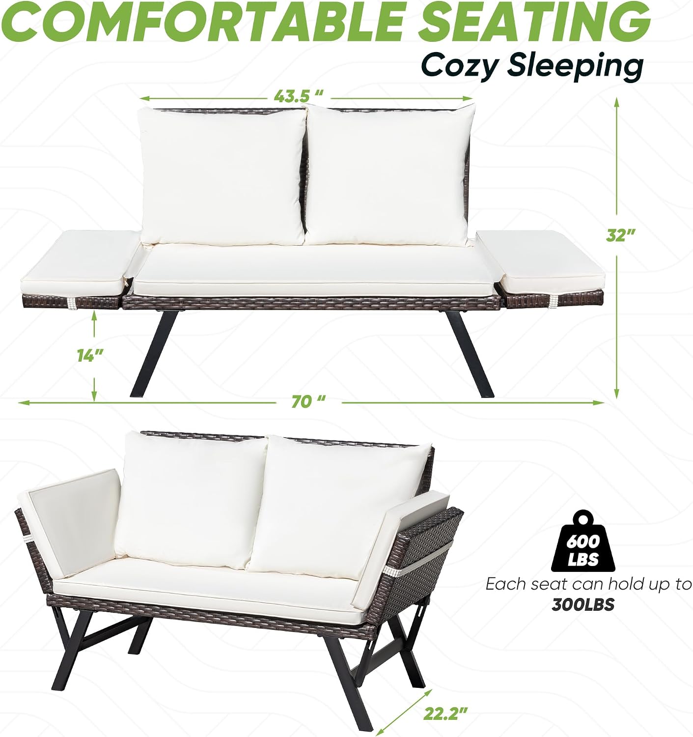 Greesum Outdoor Sofa, Woven Rattan Patio Furniture, Convertible Daybed or Double Chair with Adjustable Armrests, Cushions and Pillows for Yard, Porch, Pool, Brown Lounger & Beige Pillowcase
