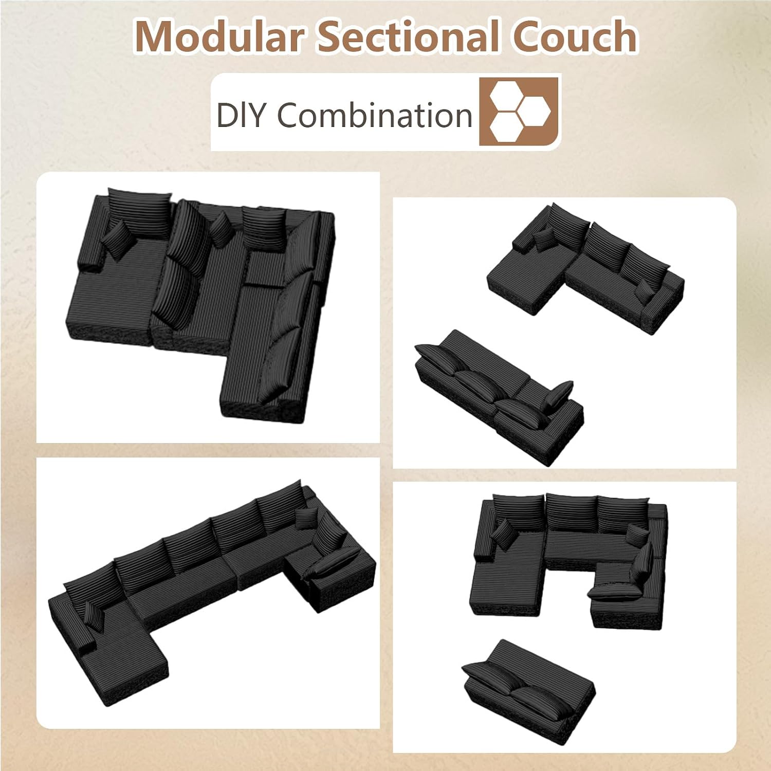 Modern Modular Sectional Sofa, Big Comfy Corduroy Cloud Couch with Deep Seat, Boneless Couch Upholstered 6-Seater U-Shaped Sofa for Living Room, No Assembly Required (Black, Left-Facing Chaise)