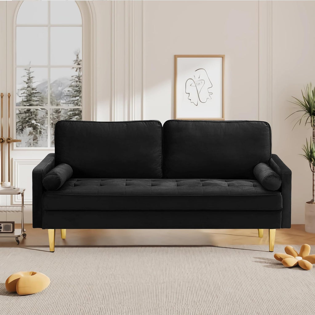 67' Modern Velvet Loveseat Sofa Couch, Mid-Century Tufted Upholstered Small Love Seat Couch with 2 Pillows & 4 Golden Legs, 2-Seats Couches for Compact Space, Living Room, Apartment (Black)