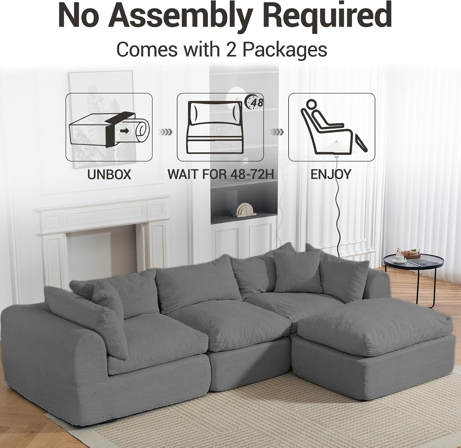 Modular Cloud Couch Sectional, Boneless Sofa with Ottoman, Deep Seat Fluffy Sectional Couch for Living Room & Bedroom, No Assembly Required, Grey