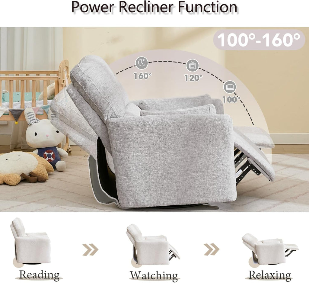 Power Rocker Swivel Recliner Chair for Adults, 26' Extra Wide Glider Reclining Nursery Chair w/USB & Type-C Charger Rocking Chairs for Living Room Bedroom Grey