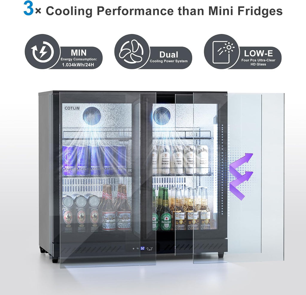 COTLIN 36 Inch Back Bar Cooler, Under Counter Beverage Refrigerator with LOW-E Glass, Free Standing Beverage Fridge, Adjustable Shelves, Drink Fridge for Beer, Wine, Soda, ETL and NSF Approved