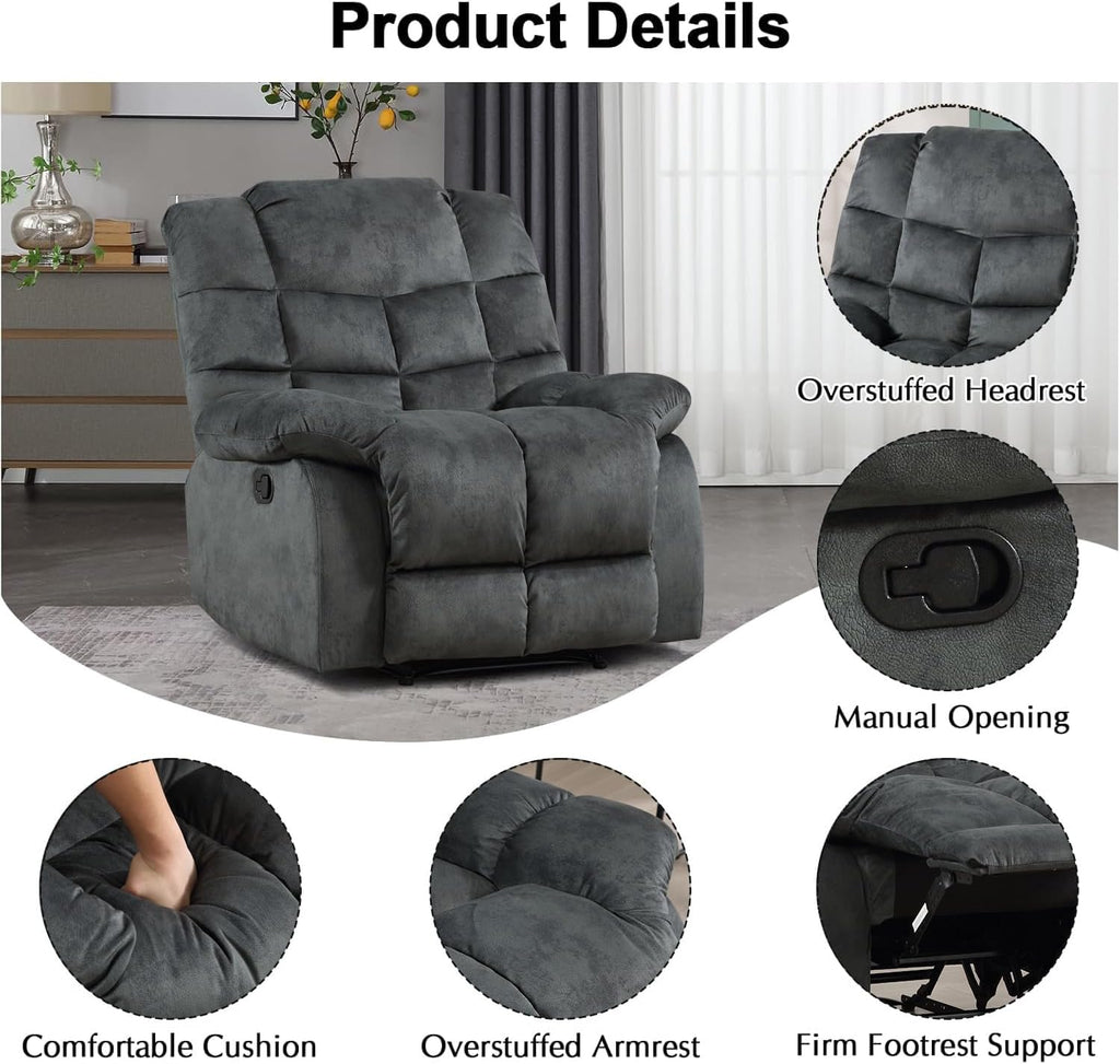 CANMOV Manual Recliner Chair, Single Reclining Sofa with Overstuffed Backrest and Armrest for Living Room, Bedroom Furniture, Grey