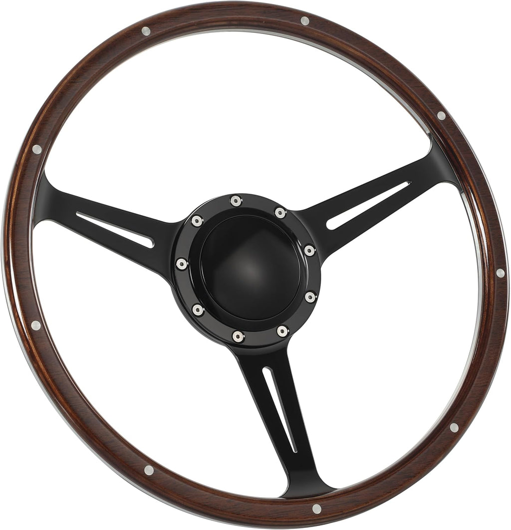 15' Classic 9 bolts Steering Wheel Black Anodized Spoke 9 Rivets with Horn Button
