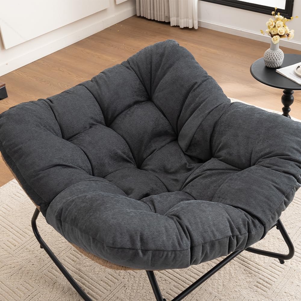 Outdoor Papasan Chair, Oversized Rocking Chair with Cushion and Metal Frame, Patio Lounge Rocking Chair for Balcony Backyard Porch Bedroom Living Room (Black)
