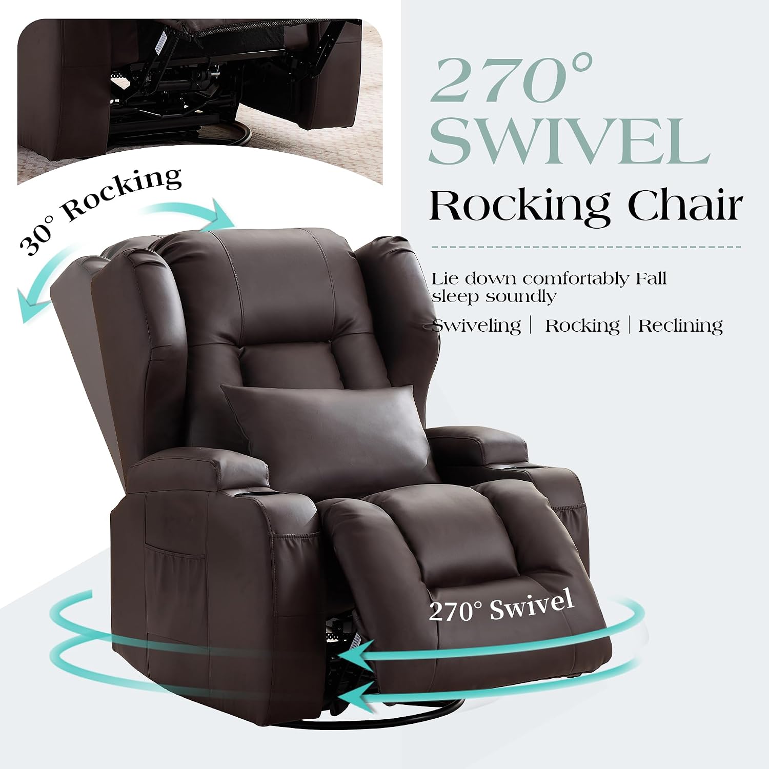 TUNYI Power Recliner Chair - Faux Leather Home Theater Seating Glider Reclining Sofa with Massage & Heat Swivel Rocker Recliner Chair for Living Room with LED Light/USB Port/Lumbar Pillow (PUBrown)