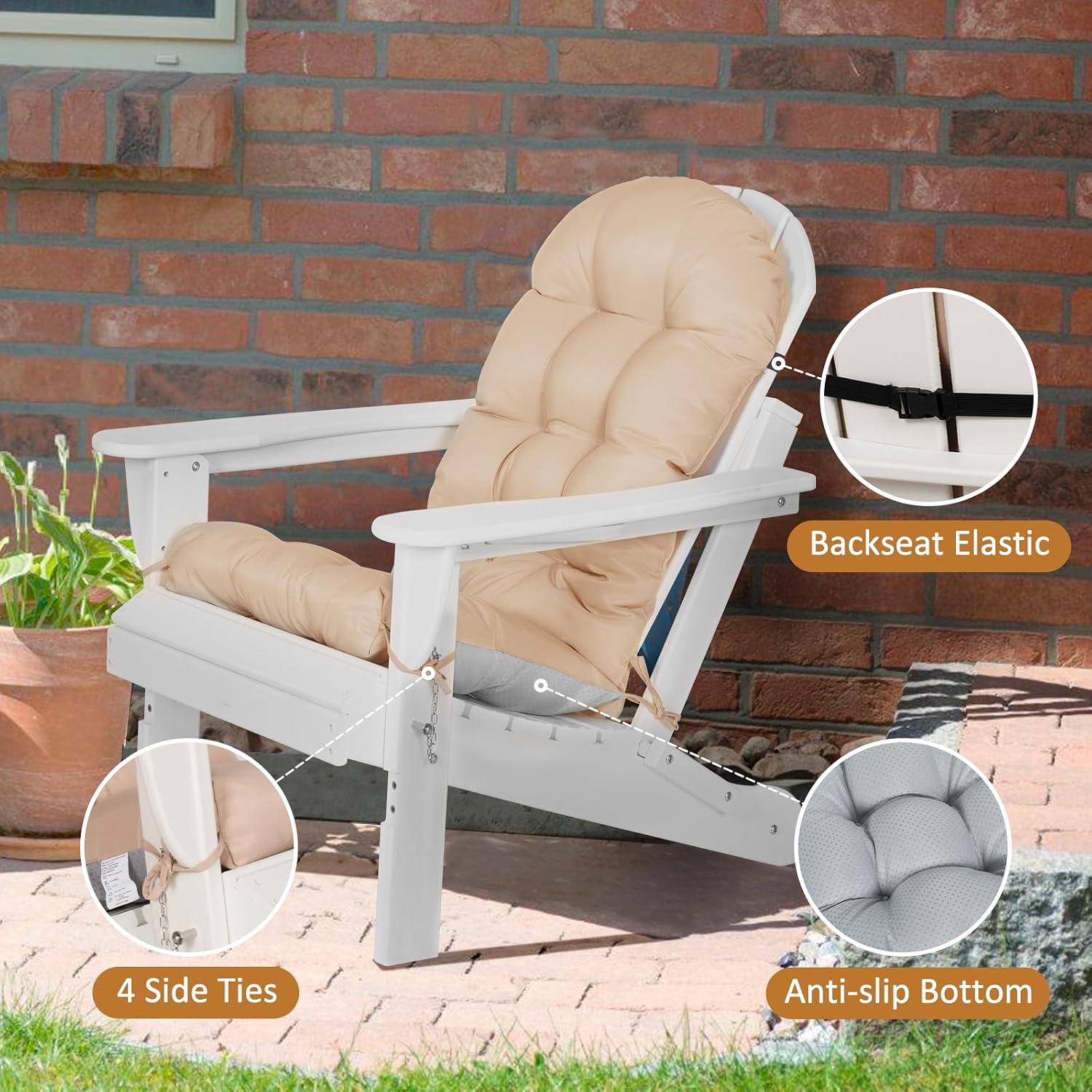 Adirondack Chair Cushions Set of 4, Thick High Back Rocking Chair Cushion 47x19.6x4 Inch, Folding Patio Pads with Ties, Waterproof & Fade-Resistant Seat Pads Indoor/Outdoor (Khaki)