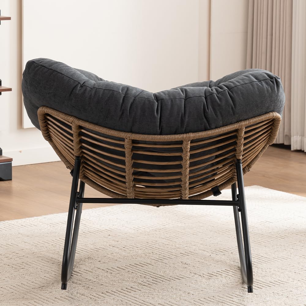 Outdoor Papasan Chair, Oversized Rocking Chair with Cushion and Metal Frame, Patio Lounge Rocking Chair for Balcony Backyard Porch Bedroom Living Room (Black)