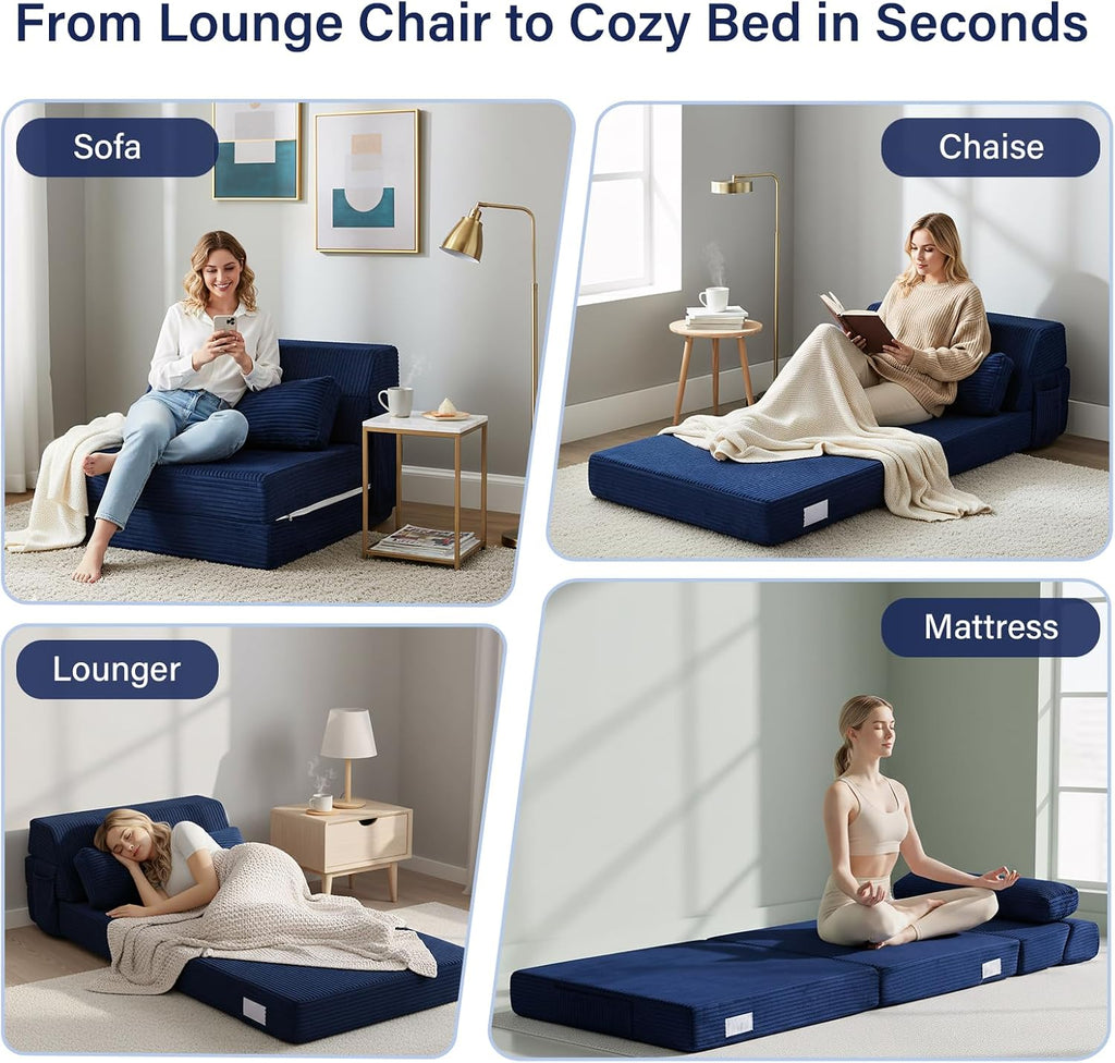Folding Sofa Bed with Pillow, Convertible Sleeper Chair, Comfy Floor Futon Couch Mattress Lounge Sofa for Adults Portable Fold Out Chair Bed for Living Room Bedroom, Single, Navy Blue