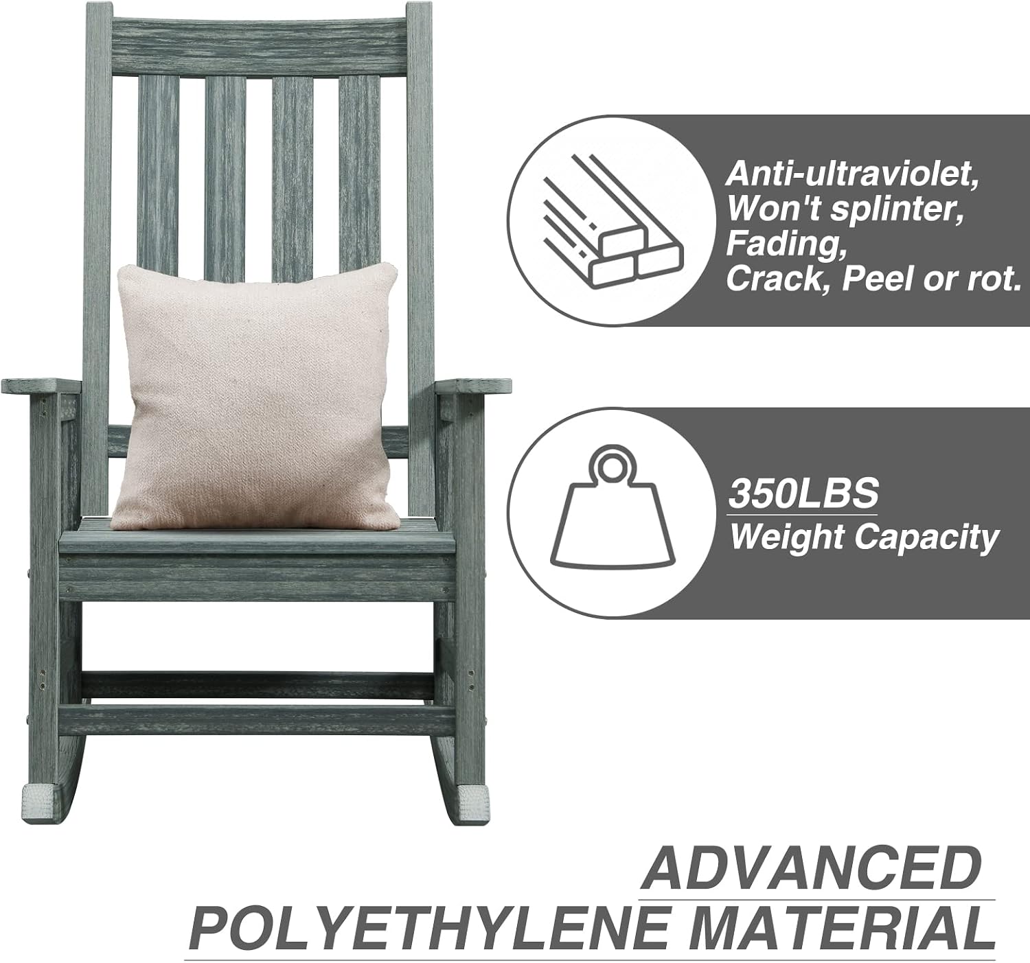 Rocking Chair Outdoor, HDPE Oversized Patio Rocking Chairs, Weather Resistant, 350lbs Heavy Duty Porch Rocker with High Back for Backyard, Fire Pit, Garden and Indoor (Grey)