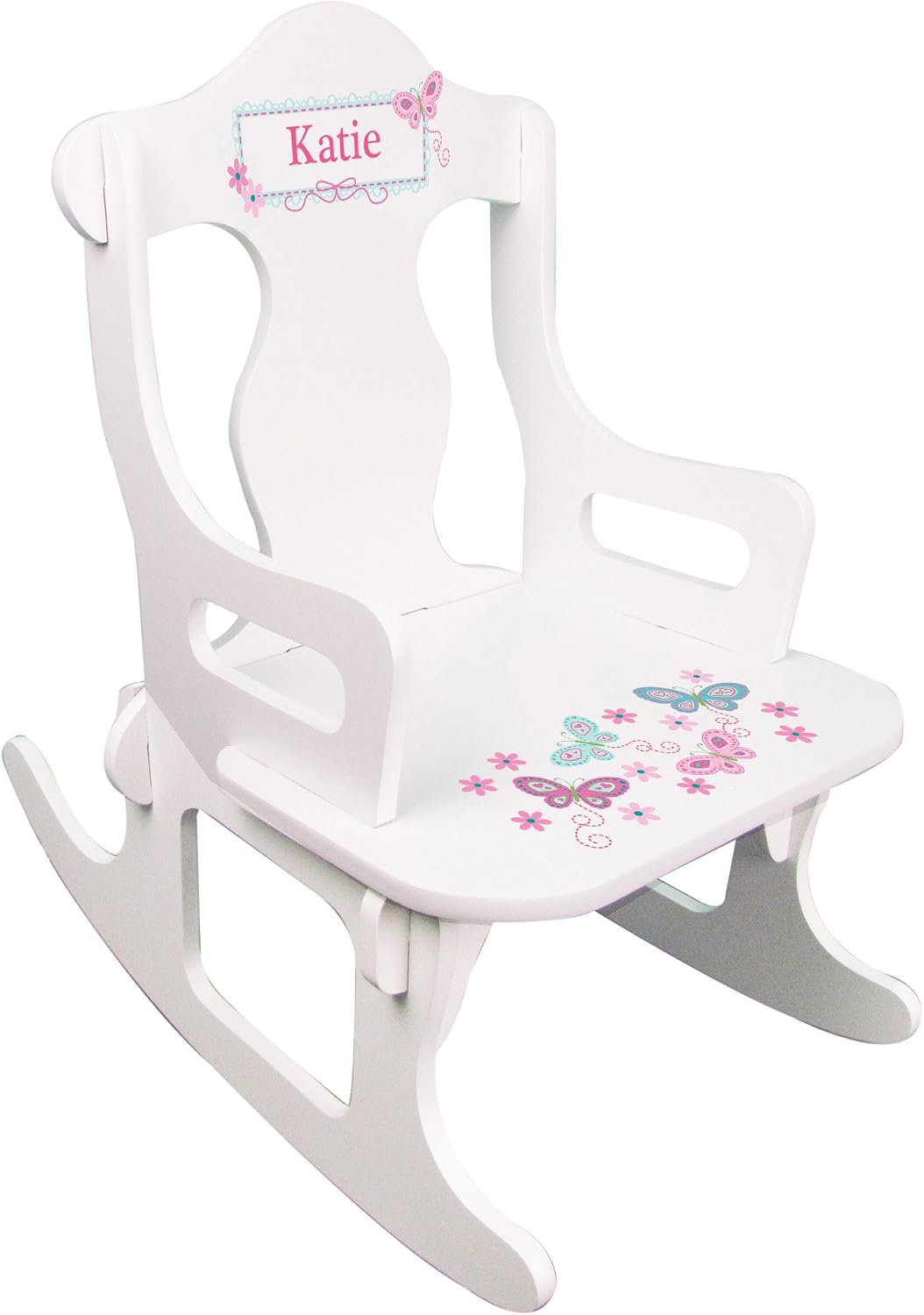 My Bambino Personalized White Puzzler Rocking Chair with Aqua Butterflies Design | Baby Shower & Birthday Gift