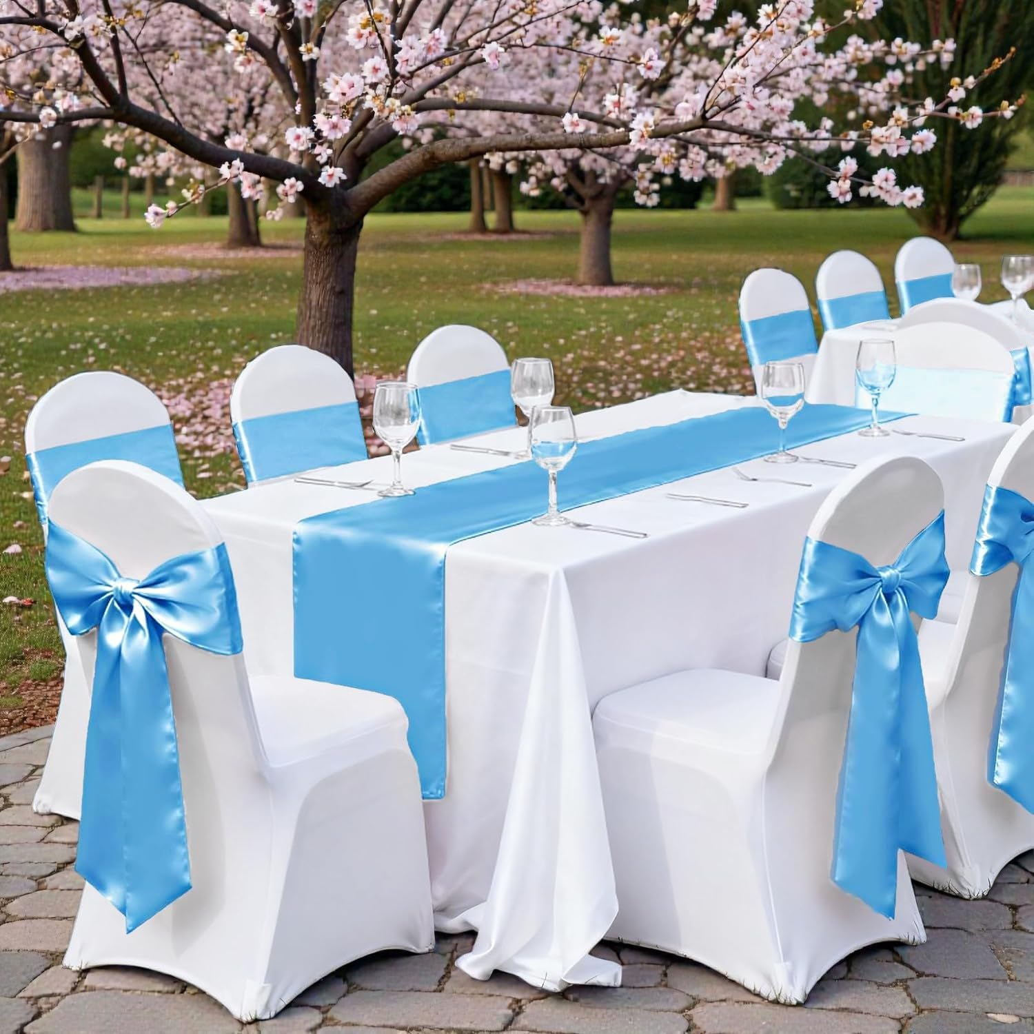 MDS 100 PCS Satin Table Runners 12 x 108 Inch Charmeuse Sateen Silk Table Runner for Indoor Outdoor Wedding Reception Birthday Graduation Party Event Banquet Dining Table Decoration - Baby Blue