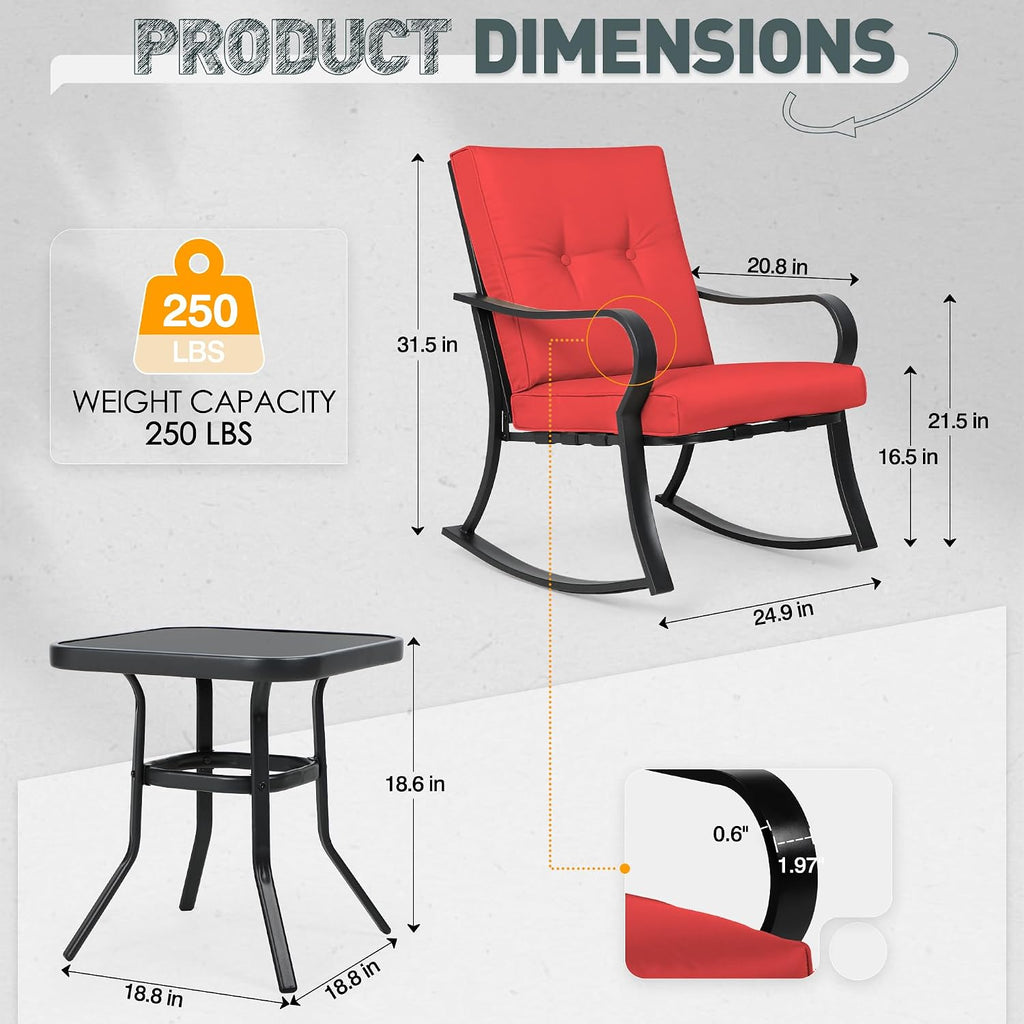 Incbruce 3 Piece Patio Bistro Set Outdoor Rocking Chairs Set, Porch Patio Conversation Chairs Set of 2 with Glass-Top Coffee Table (Red Thickened Cushion)