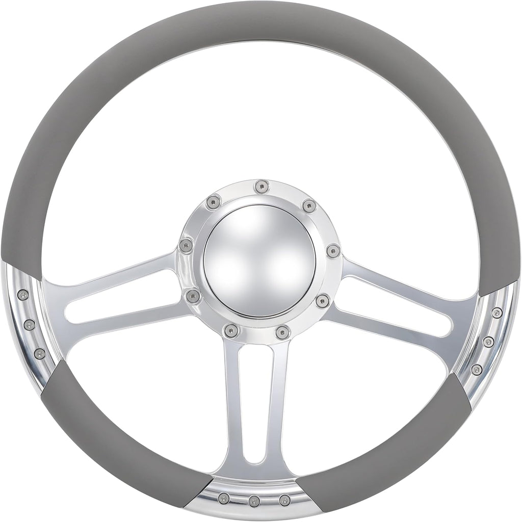 14'' Billet Trinity Half Wrap 9 Bolts Steering Wheel with 2'' Dish and Horn Button (Light Grey)