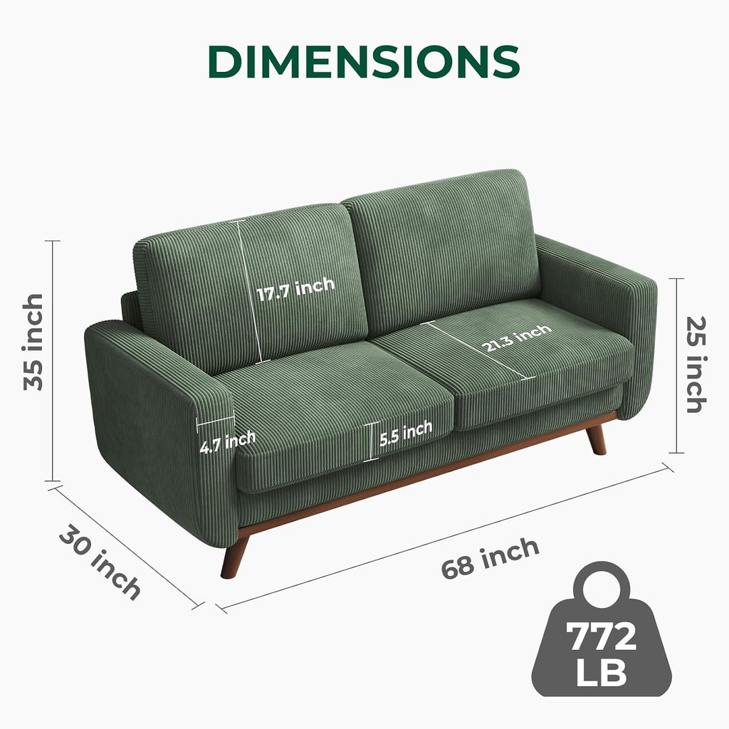 Vesgantti 68' Comfy Green Corduroy Loveseat Sofa, 2 Seater Deep Seat Couch with Spring Cushion, Solid Wood Frame for Living Room, Bedroom, Office