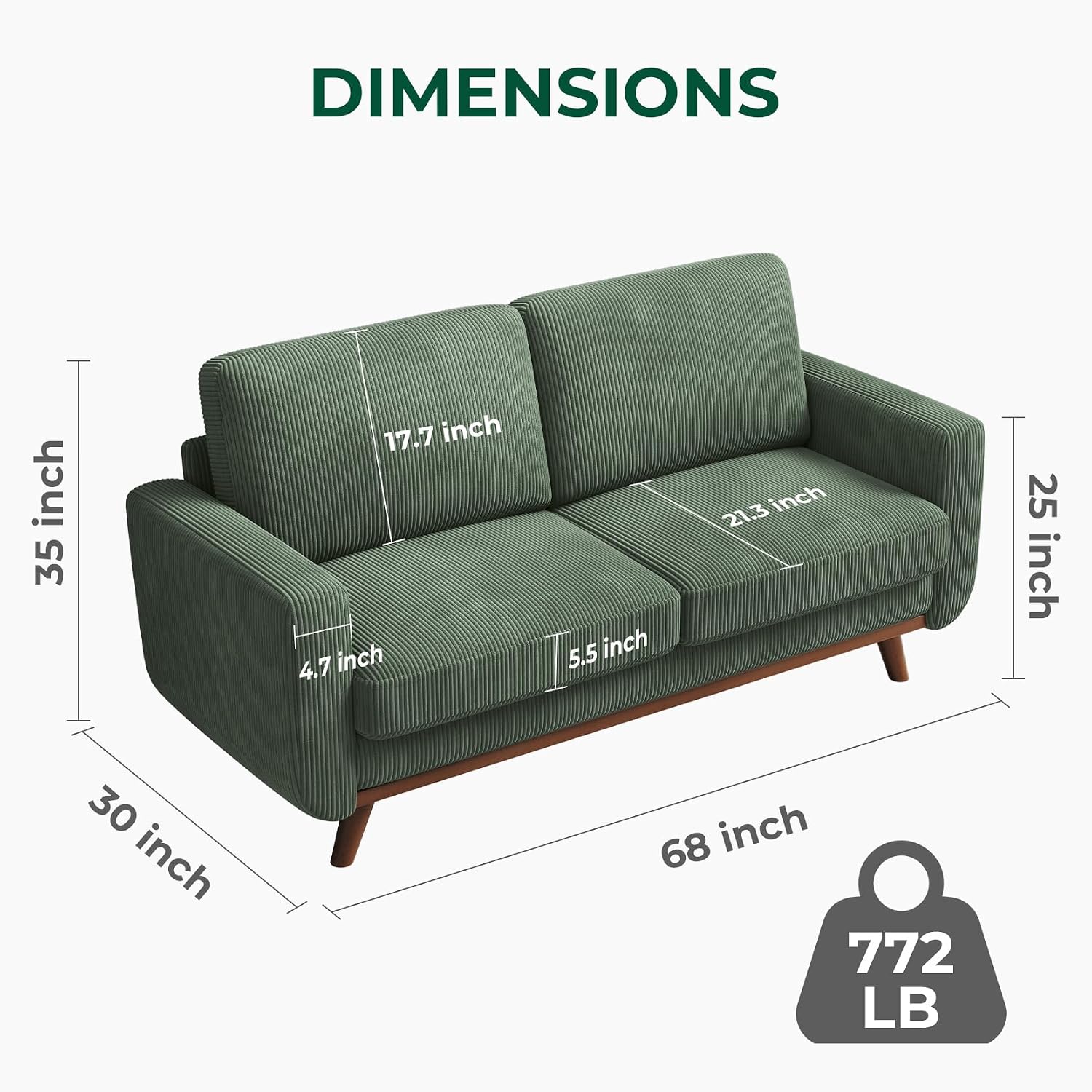 Vesgantti 68' Comfy Green Corduroy Loveseat Sofa, 2 Seater Deep Seat Couch with Spring Cushion, Solid Wood Frame for Living Room, Bedroom, Office